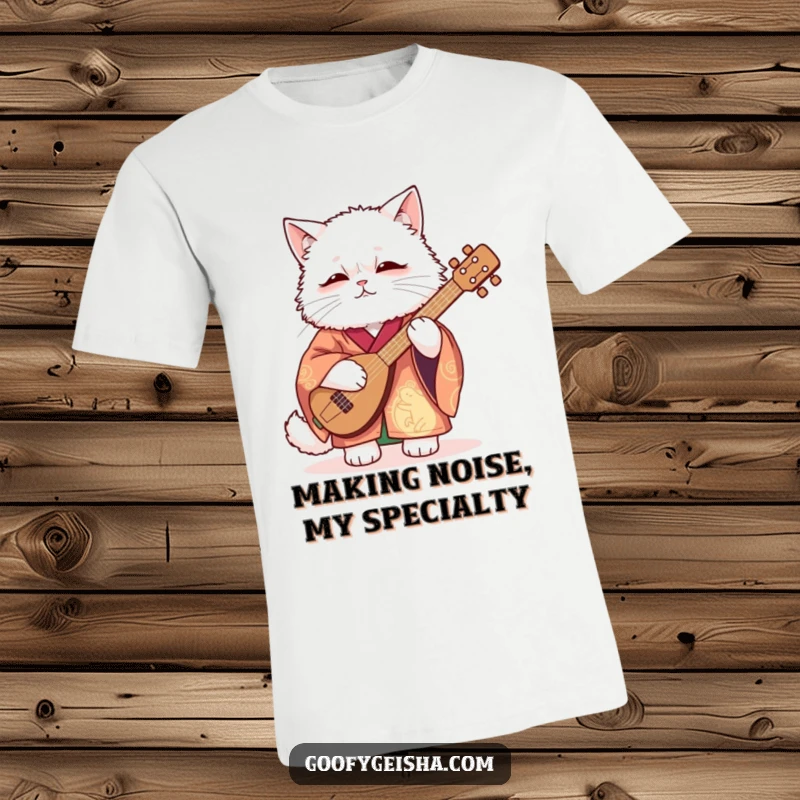 Funny T-Shirt depicting a fluffy white cat in a vibrant kimono, awkwardly attempting to play a shamisen with comical effort.