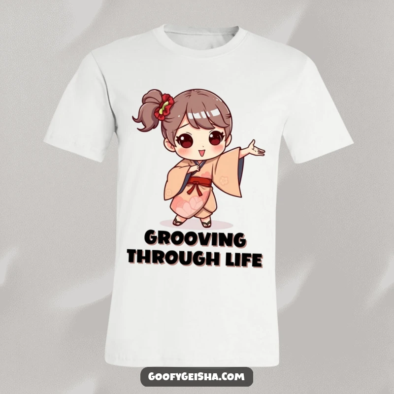 Funny t-shirt featuring a character in vibrant, whimsical kimono striking a hilarious, over-the-top dance pose.