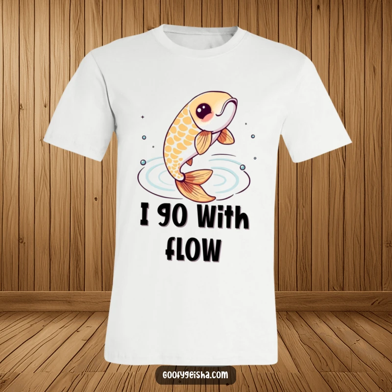 Funny t-shirt featuring a lively koi fish character in mid-leap above stylized water ripples, symbolizing energy and movement.