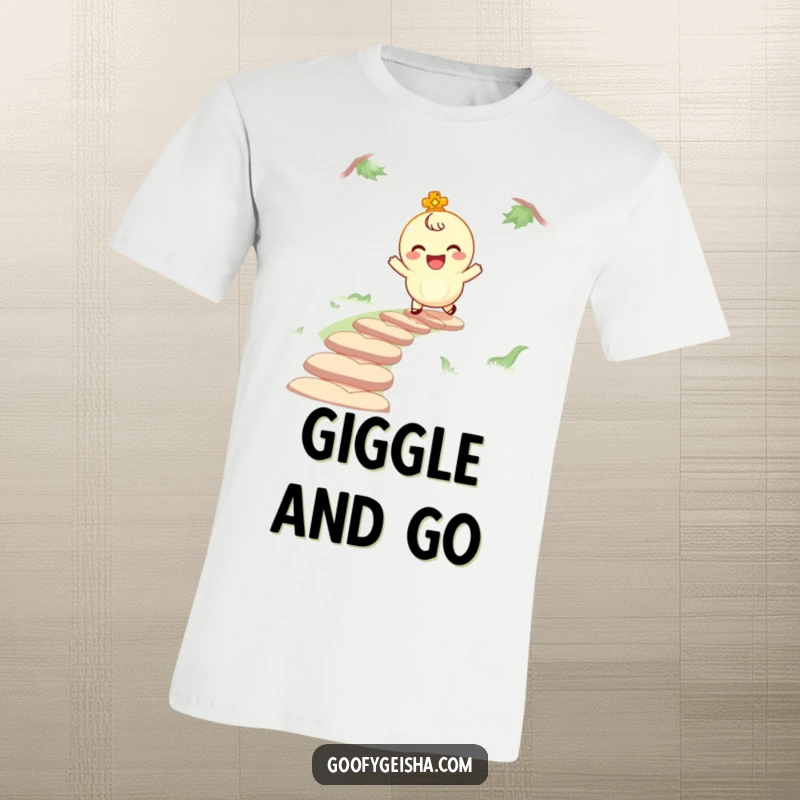 Funny t-shirt showcasing a giggling lucky charm character joyfully bouncing along a winding path, symbolizing fun and good fortune.