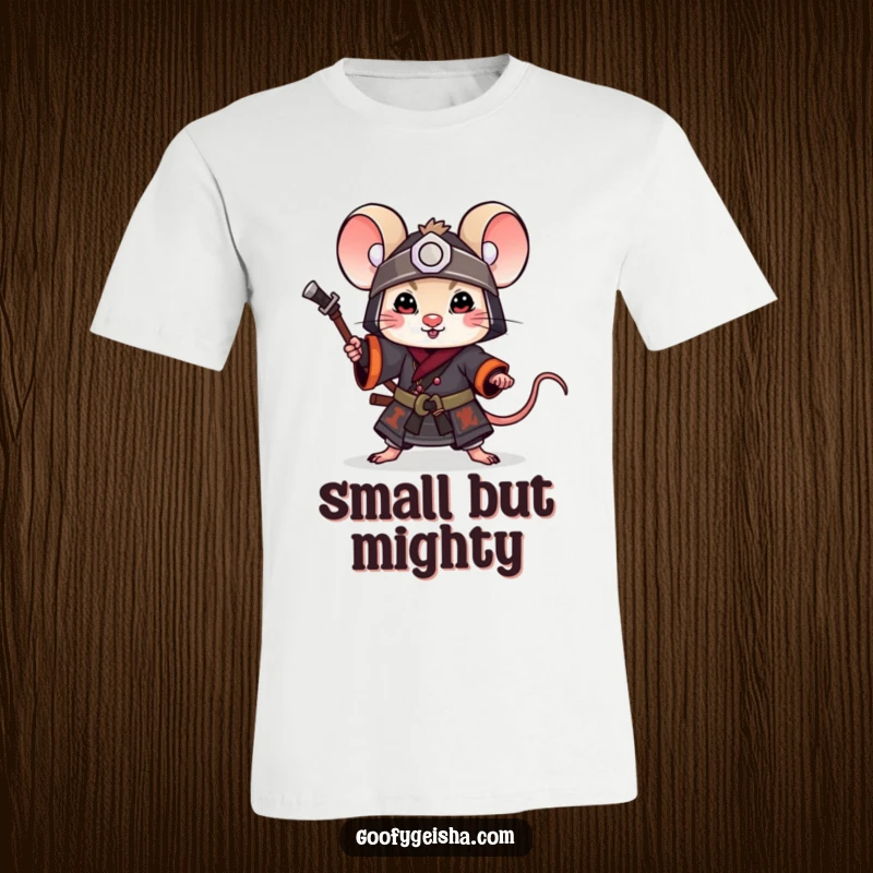 Funny T-Shirt: A little mouse in samurai attire, striking a dynamic and playful pose, embodying courage with a humorous twist.