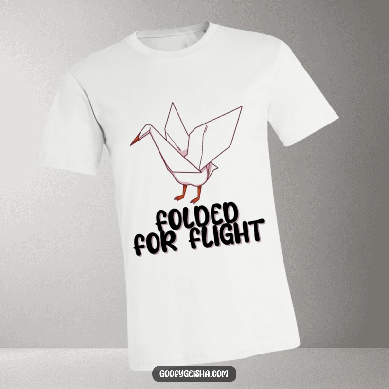 Funny t-shirt showing a whimsical origami crane character playfully flapping its paper wings, symbolizing grace and freedom.