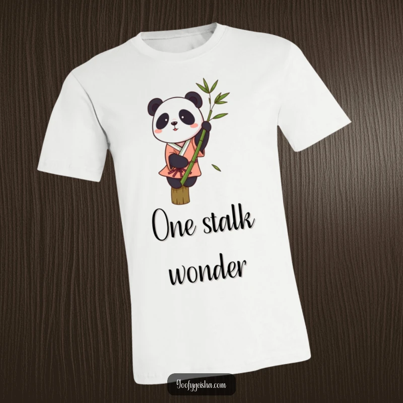 Funny t-shirt featuring a small panda in a kimono trying to balance on a single bamboo stalk, hilariously unstable.