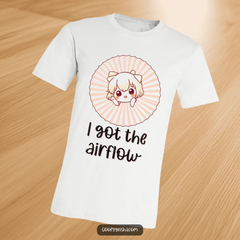 Funny t-shirt with a cute cartoon character peeking from behind a giant fan, waving with a joyful expression.