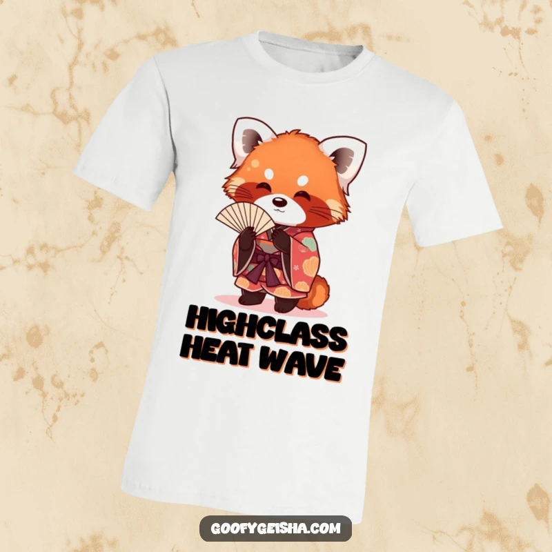 Funny red panda in a vibrant kimono, fanning itself with a relaxed and playful attitude, ideal for a cool t-shirt.