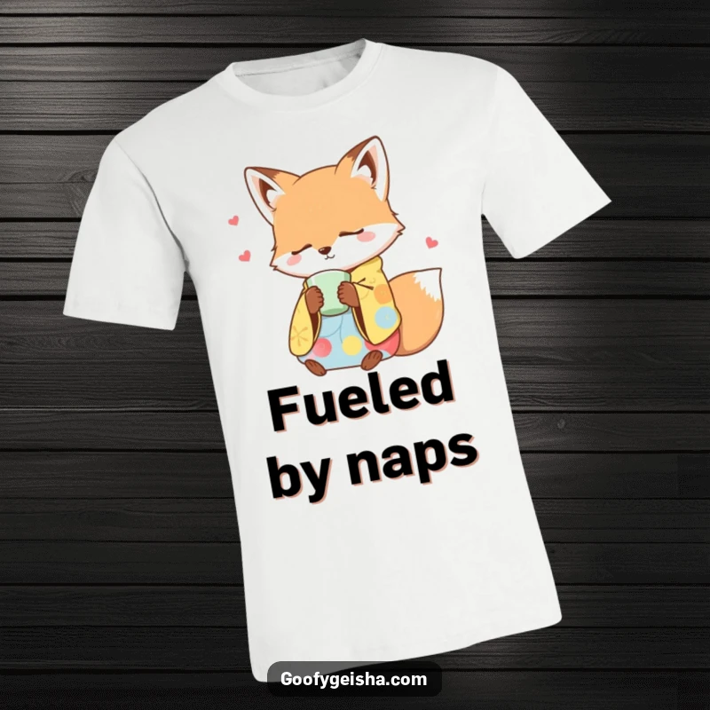 Funny t-shirt depicting a sleepy fox in a colorful kimono, dozing off contentedly while holding a teacup.