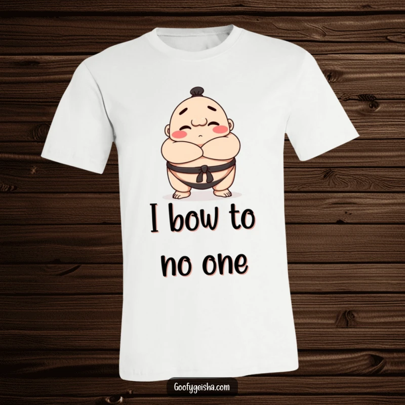 Funny Sumo wrestler t-shirt showcasing a happy character playfully bowing with crossed arms, symbolizing respect and good cheer.