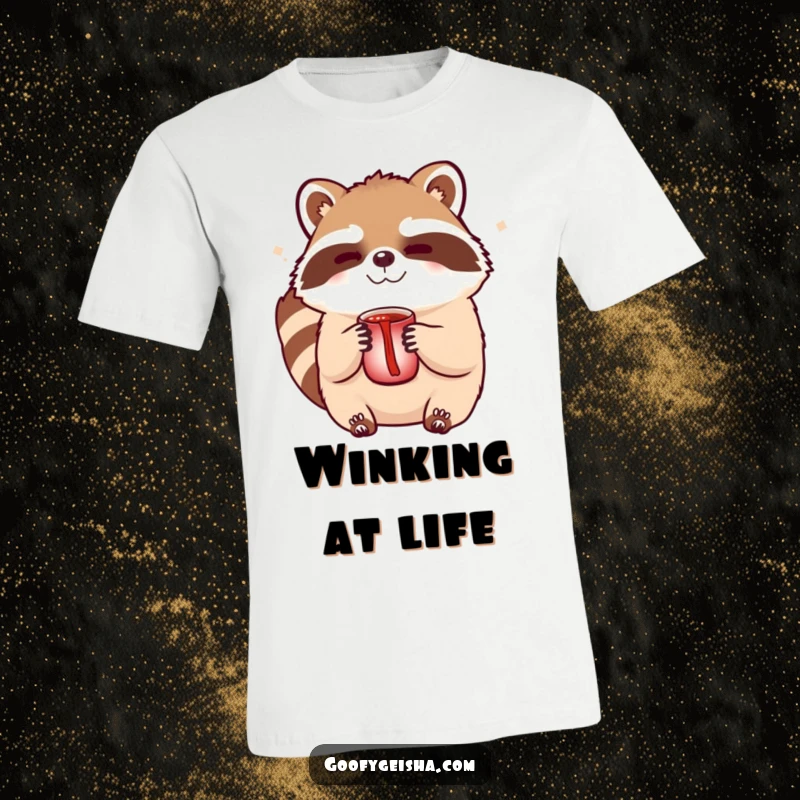 Funny Tanuki t-shirt with a cute character winking and holding a sake cup, symbolizing celebration and playful mischief.