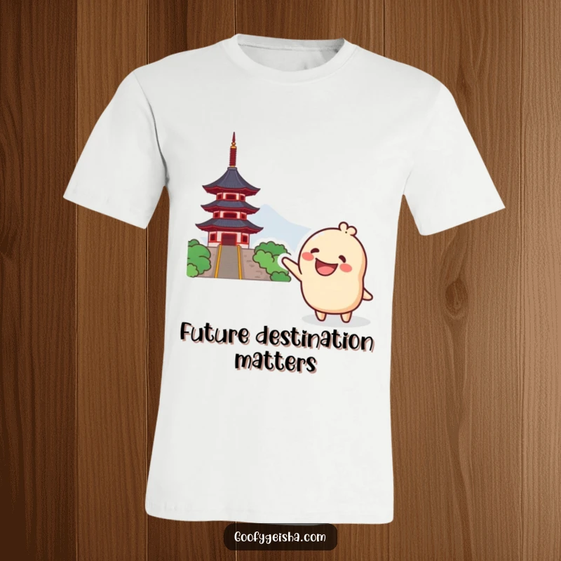 Funny Kawaii T-Shirt: Grinning character excitedly pointing towards a distant pagoda, celebrating exploration and a fun, humorous gift.