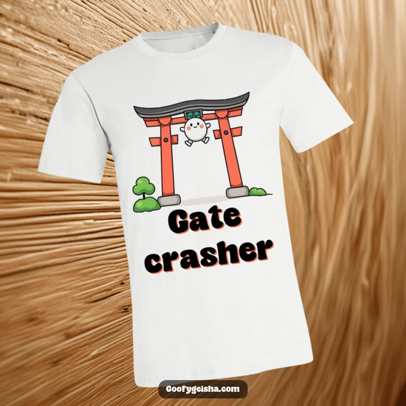 Funny t-shirt design showing a small, determined character mid-air, jumping gracefully over a stylized torii gate.