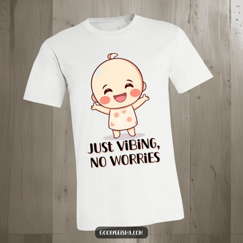 Funny Kokeshi doll t-shirt with a grinning character doing a silly dance, capturing pure joy and energetic movement for a humorous look.