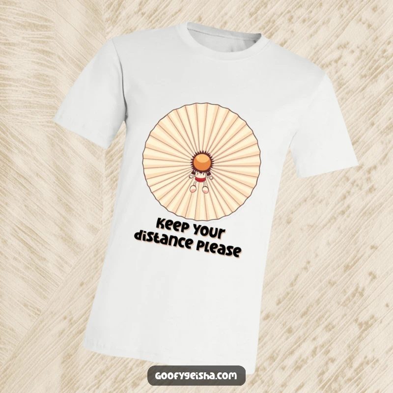 Funny t-shirt featuring a small, cute character peeking from behind a large, friendly fan. Captures a moment of playful escape and cool relief.