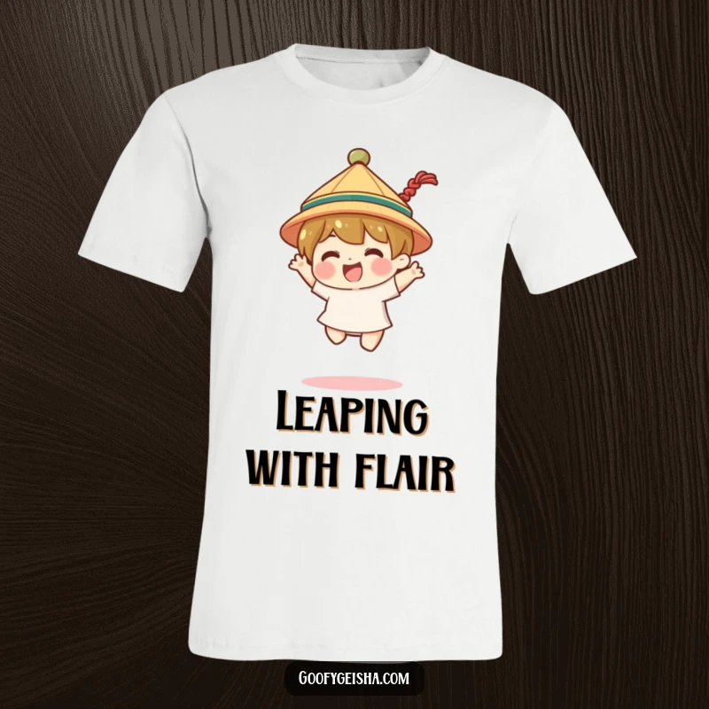 Funny t-shirt print of a character in a tiny traditional hat, mid-joyful jump, expressing pure happiness. Festive attire.