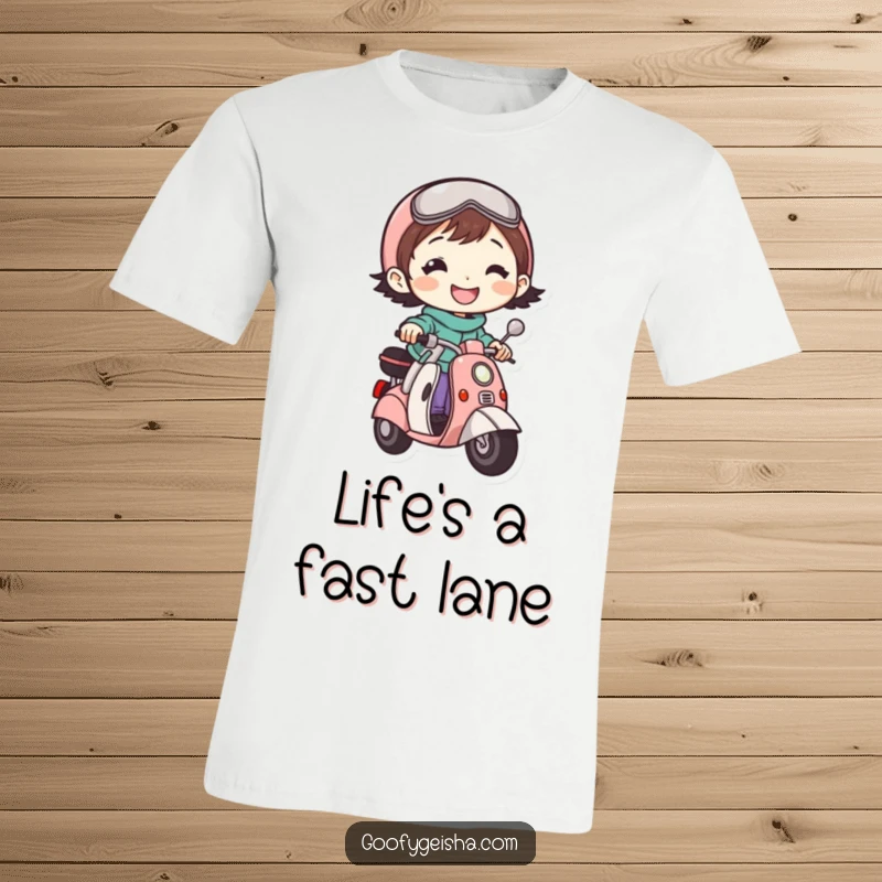 Funny t-shirt showcasing a small, bright-grinned character joyfully riding a tiny scooter, embodying fun and a carefree spirit.