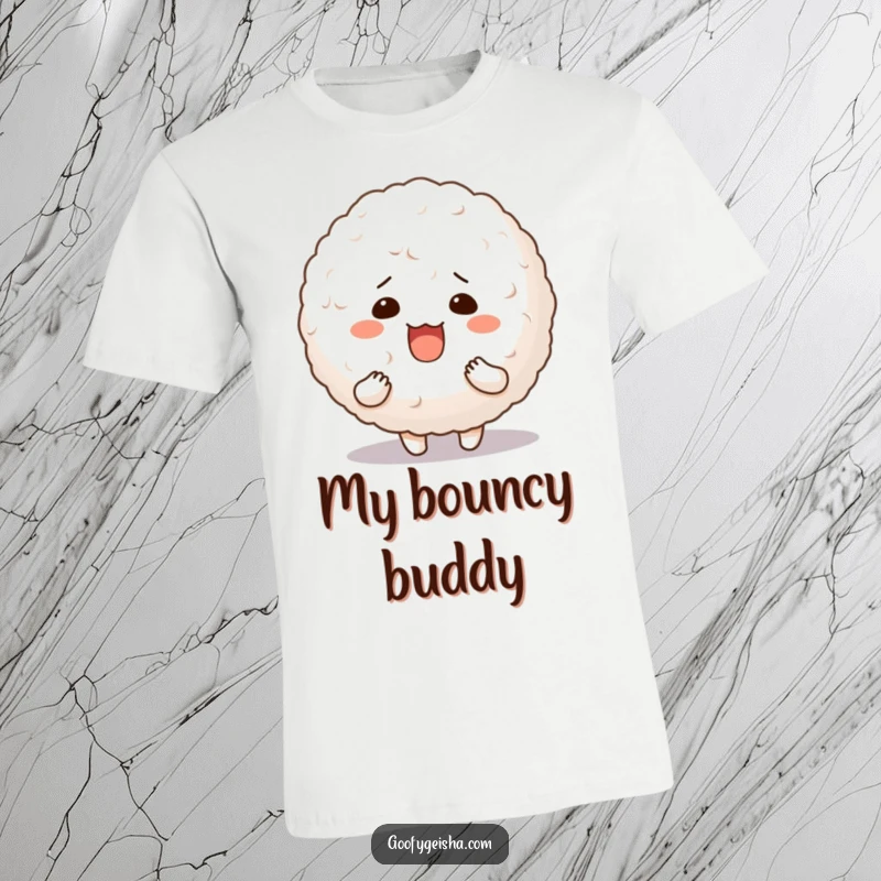Funny t-shirt design featuring a character with a goofy, silly face clutching a giant, wobbling bouncy rice ball.