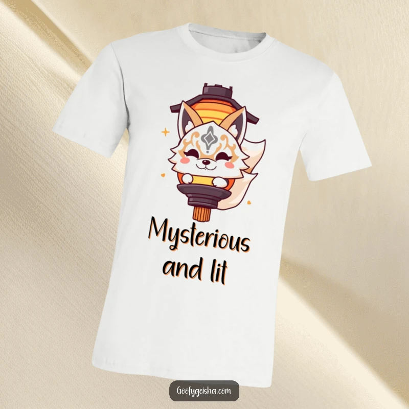 Funny t-shirt with a cute Kitsune masked character playfully peeking from behind a lantern, creating a sense of playful mystery.