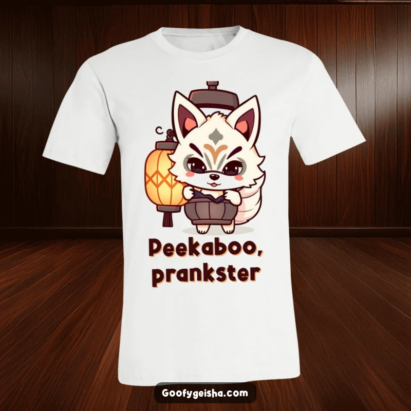 Funny Kitsune mask T-shirt with a cute character playfully peeking, suggesting a playful and mysterious personality.
