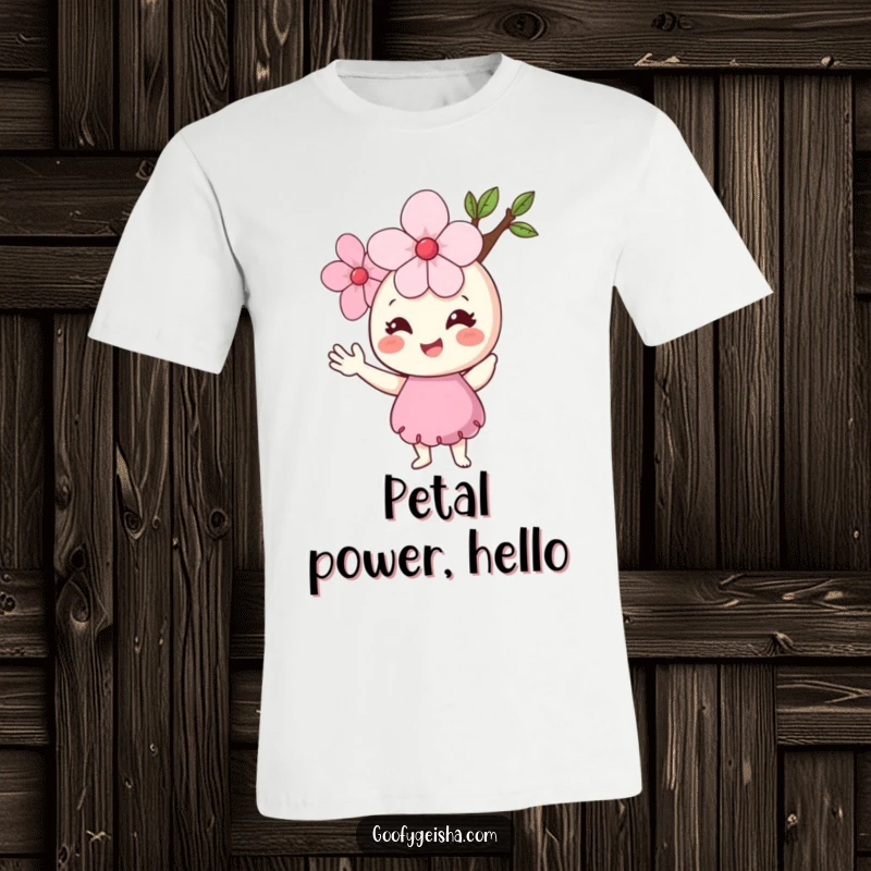Funny Cherry Blossom T-Shirt with a happy flower character waving hello with tiny arms, radiating cheerfulness and spring.