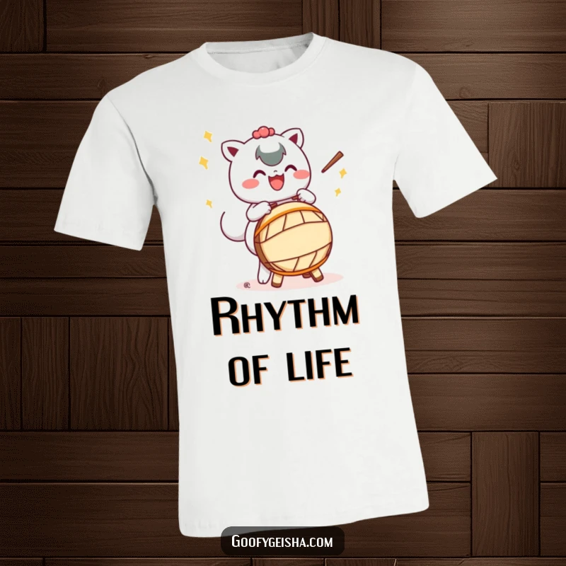Funny t-shirt showcasing a Kawaii character energetically playing a Taiko drum with exaggerated motions, perfect for music enthusiasts.