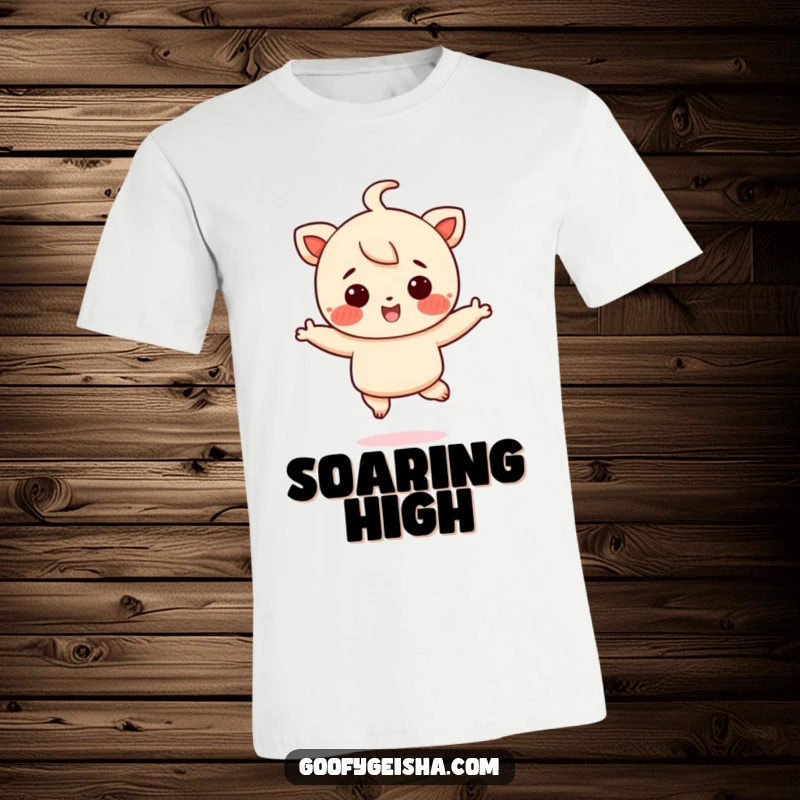 Funny t-shirt showing a small, rosy-cheeked character mid-jump, exuding boundless energy and a cheerful, funny spirit.