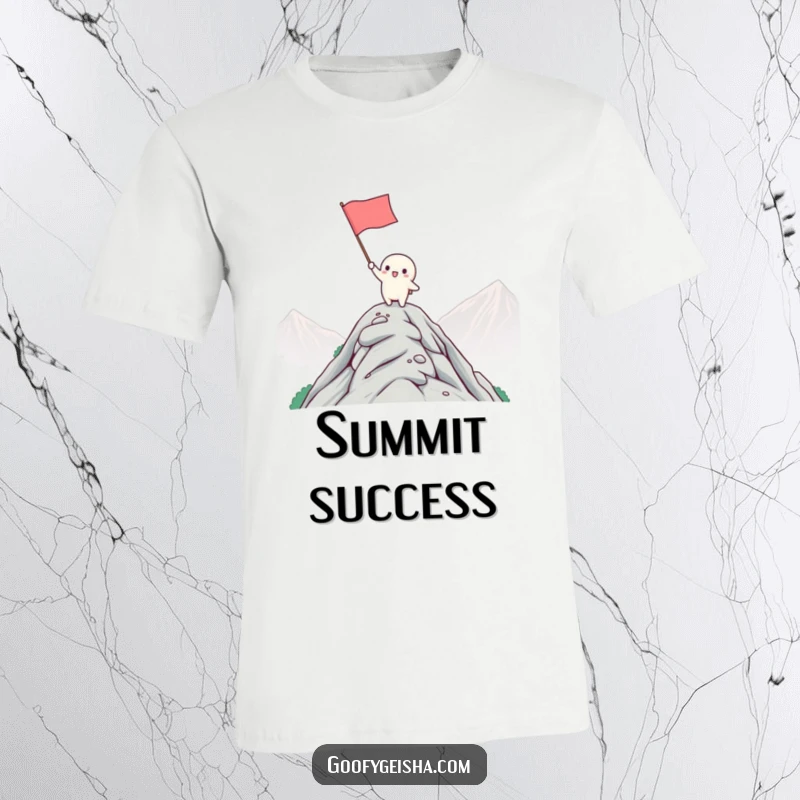Funny Kawaii T-Shirt: Small character triumphantly waving flag from mountain summit, exuding pure joy and accomplishment. Great funny gift.
