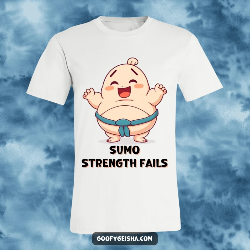 Funny t-shirt depicting a smiling character attempting a sumo pose but wobbling precariously, showcasing a humorous struggle.