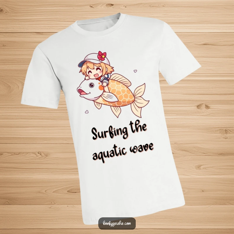 Funny t-shirt featuring a cheerful character joyfully riding a giant, colorful koi fish. Captures a sense of whimsical adventure and pure delight.