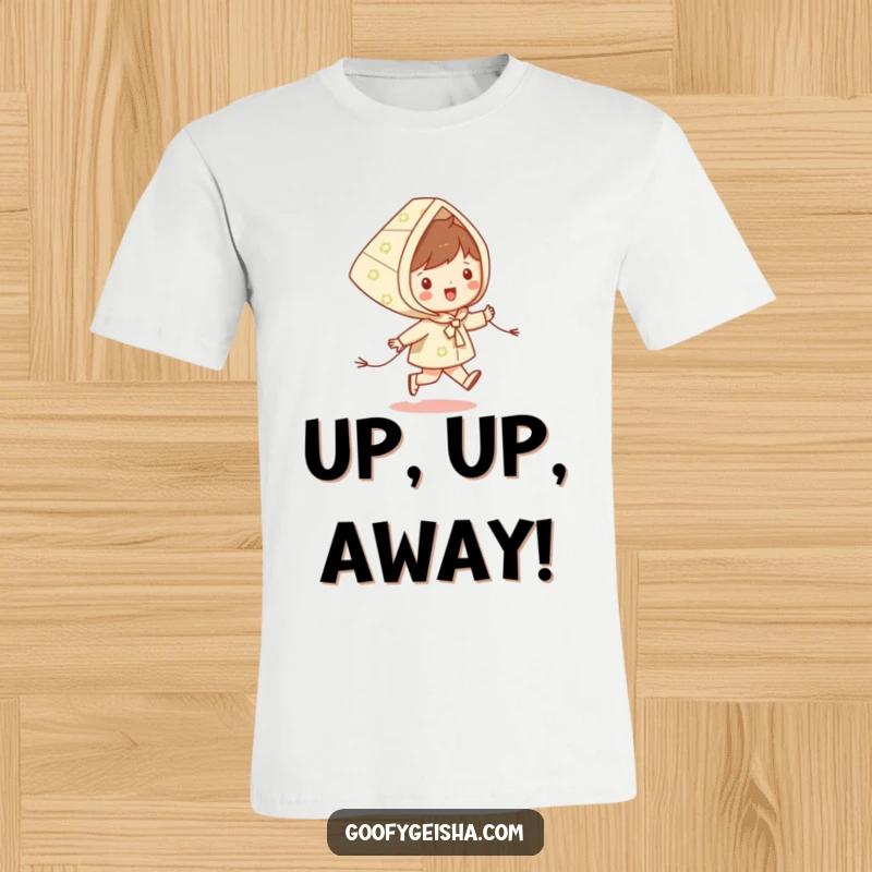 Funny t-shirt depicting a happy character skipping with a patterned kite, celebrating carefree fun and outdoor play.