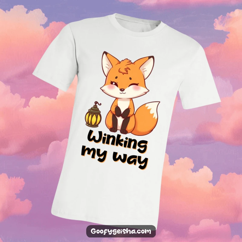 Funny fox t-shirt depicting a mischievous fox holding a lantern, inviting intrigue and playful adventure.