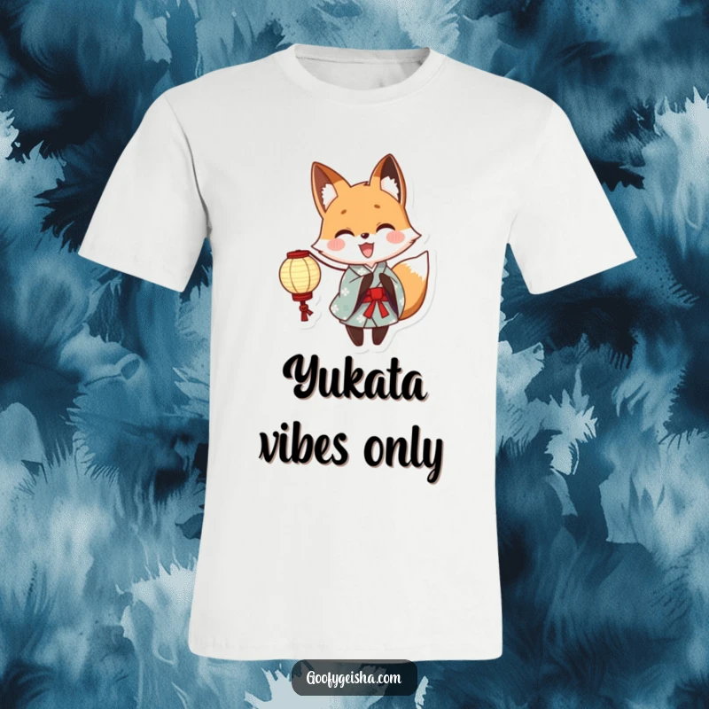 Funny Yukata Fox T-Shirt: Cute anime fox character dressed in a traditional yukata, joyfully holding a glowing paper lantern, radiating festival spirit.