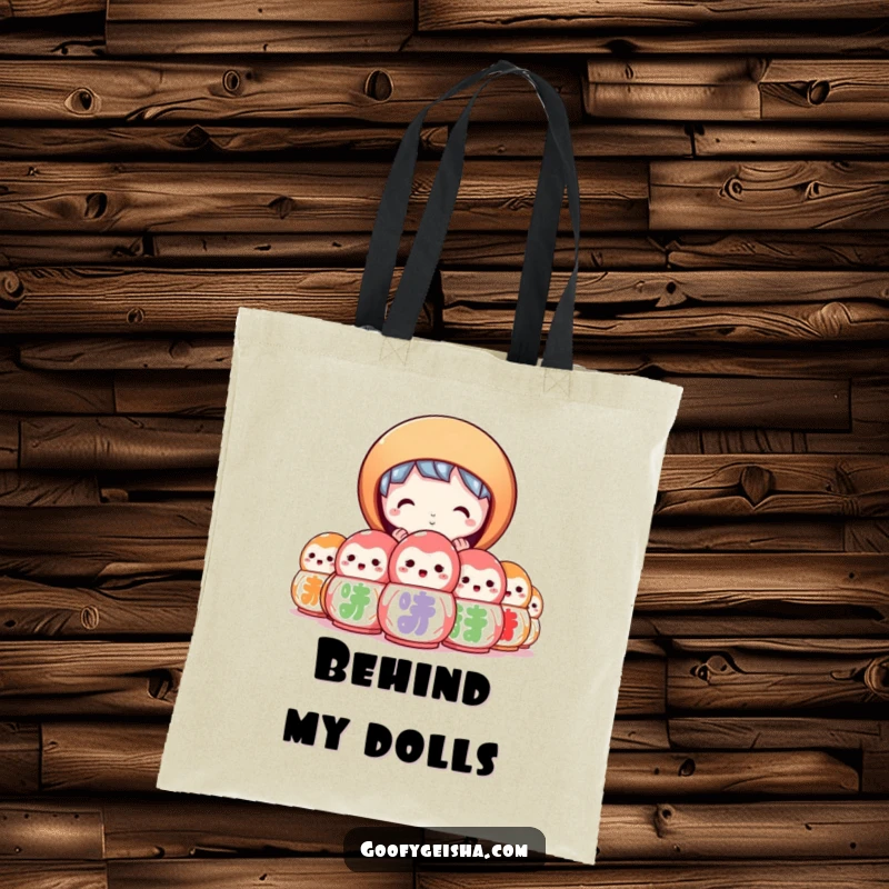Funny tote bag with a character peeking curiously from behind a stack of colorful daruma dolls. Mysterious and practical.