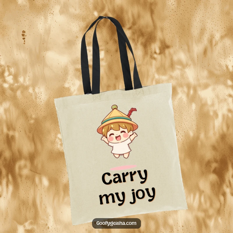 Funny tote bag with a character wearing a tiny traditional hat, performing a joyful jump. Great for everyday use.