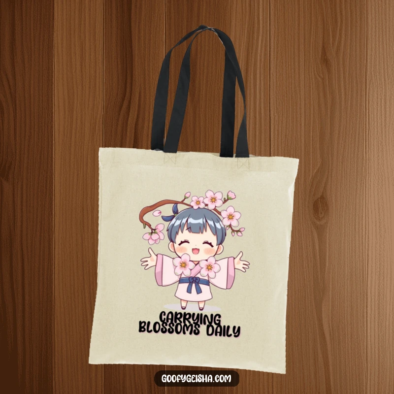 Funny tote bag featuring a character with open arms embracing a cherry blossom, perfect for carrying daily items with flair.