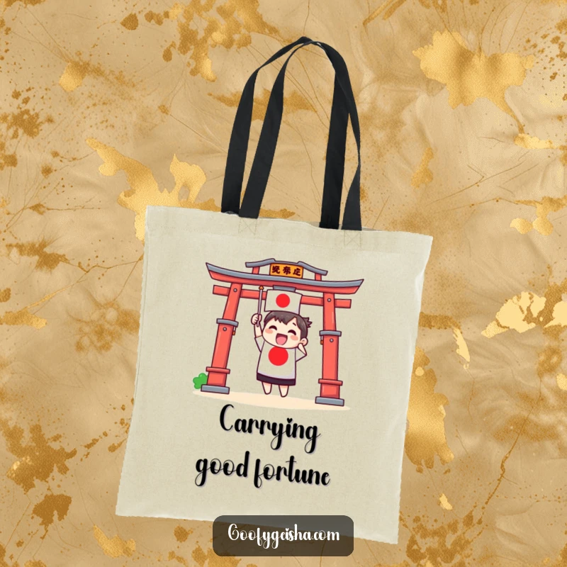 Funny tote bag with an excited Torii gate character waving a tiny Japanese flag, ready for cultural adventures.