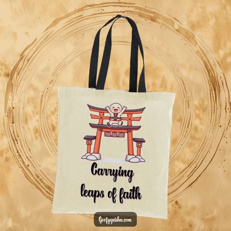 Funny tote bag illustrating a character joyfully leaping over a stylized Torii gate, perfect for carrying essentials with style and humor.