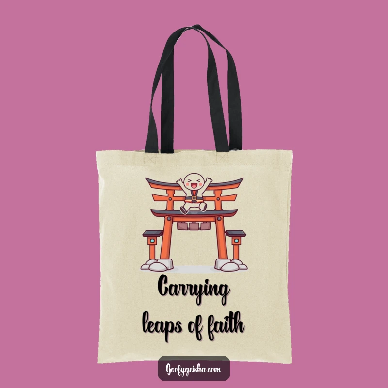 Funny Torii Gate Leap Tote Bag: Joyful Character's Journey, Stylish Funny Gift