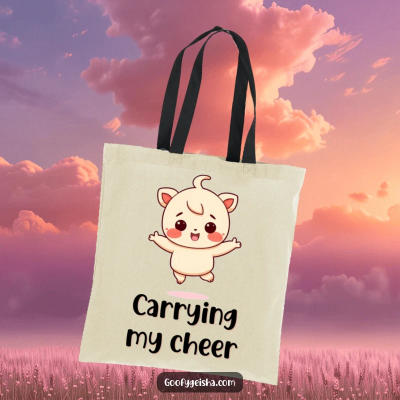 Funny tote bag with a rosy-cheeked character joyfully jumping, symbolizing happiness and energy, a superb funny accessory.