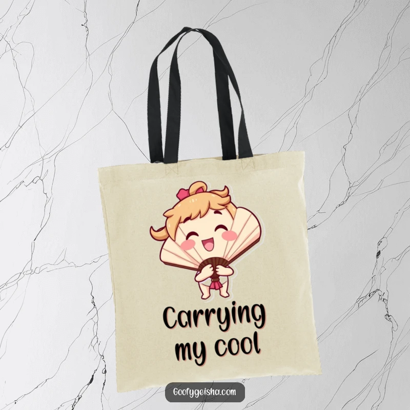 Funny tote bag featuring a smiling fan character in a delightful flourish, practical for shopping and spreading happiness with its charming design.
