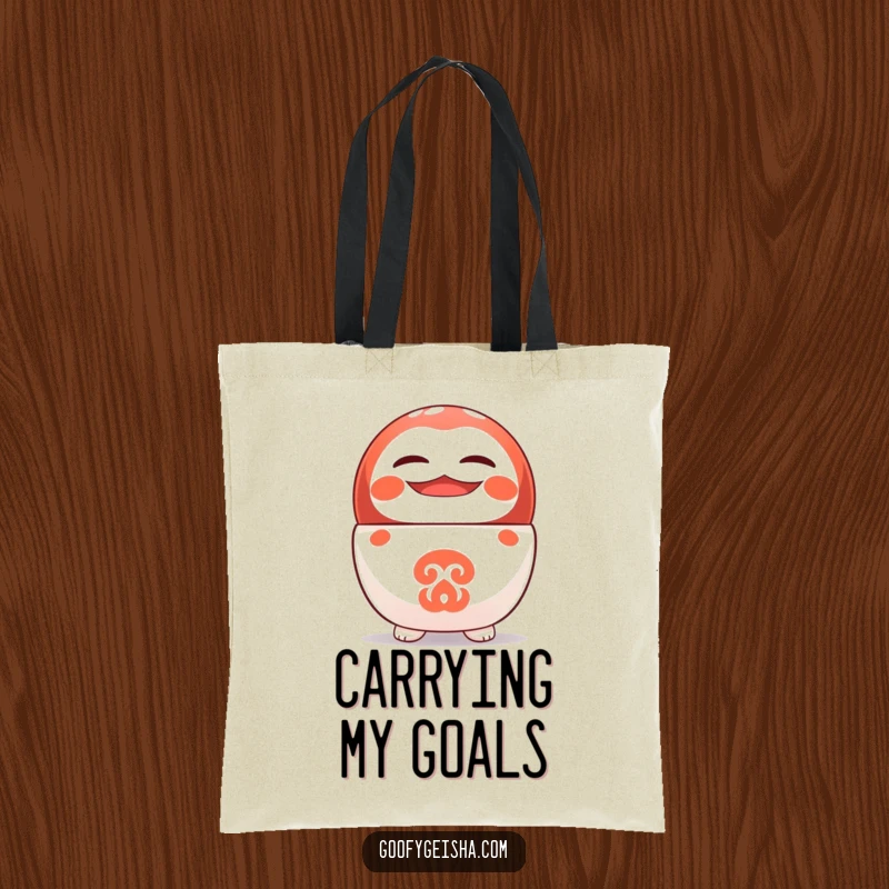 Funny tote bag with a cute Daruma doll balancing on its head with a cheerful grin, perfect for daily use.