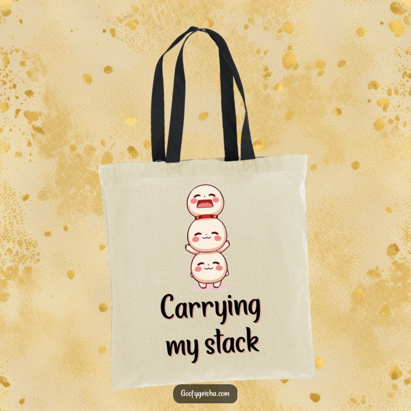 Funny tote bag featuring a character precariously balancing a large stack of Japanese Daruma dolls, symbolizing a humorous, relatable struggle.