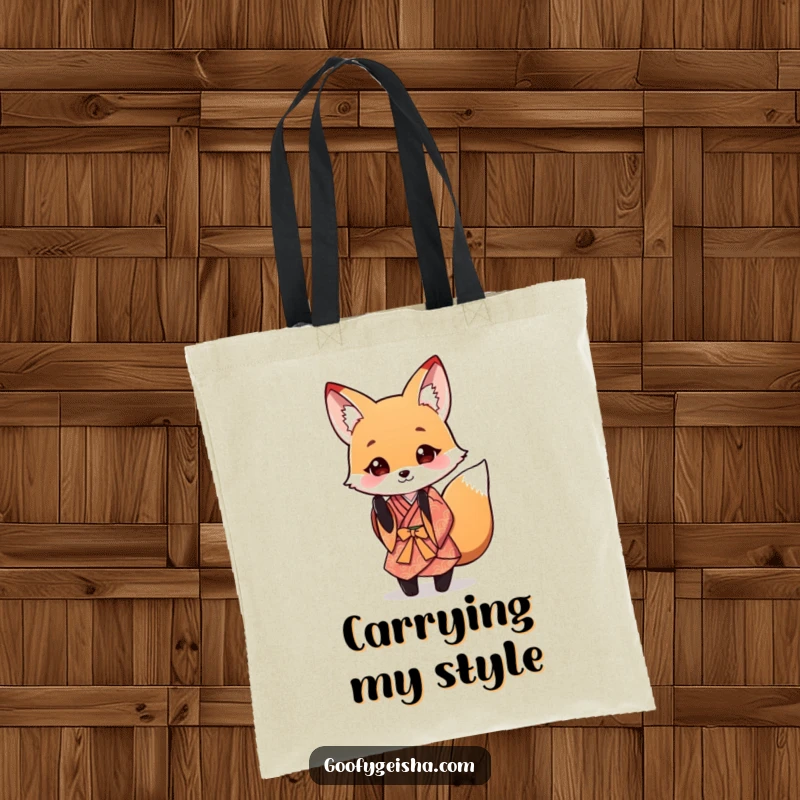 Funny Fox Kimono Tote Bag featuring a cute fox in traditional attire performing a respectful and playful bow, ideal for daily use.