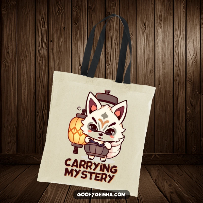 Funny Kitsune mask tote bag with a cute character playfully peeking, adding a touch of intrigue to everyday carry.