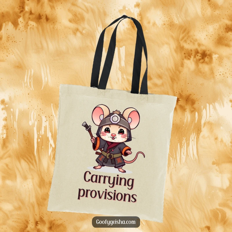 Funny Tote Bag: A little mouse in samurai gear, in a playful pose, perfect for carrying items with heroic and humorous flair.