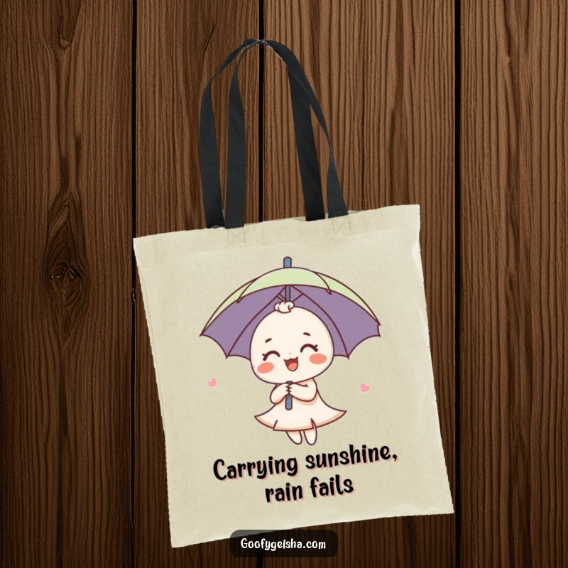 Funny Umbrella Tote Bag with a cute umbrella character spinning joyfully, perfect for carrying items with a happy vibe.