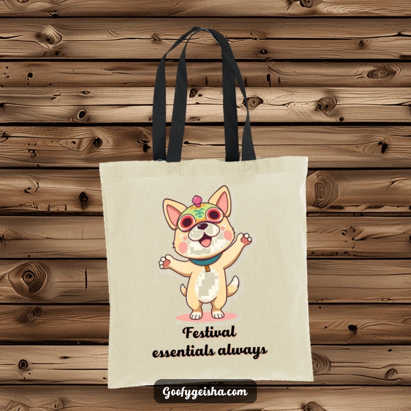 Funny tote bag featuring a dog in a festive mask, dancing energetically, perfect for carrying party essentials.