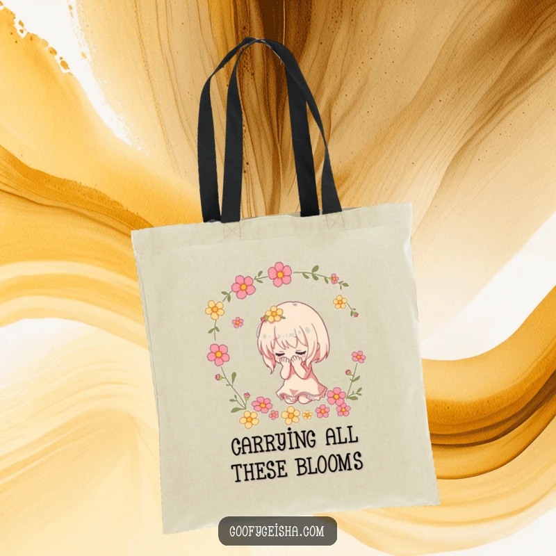 Funny tote bag illustrating a small character dramatically bowing with a shower of flowers, adding a touch of humorous elegance.