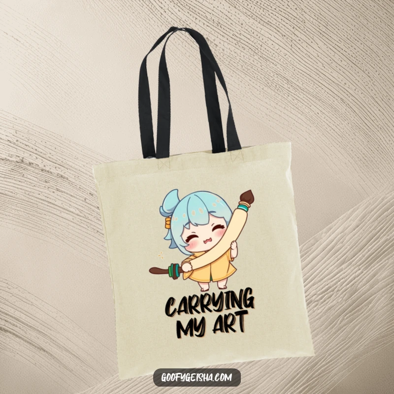Funny tote bag with a character making a funny face, clutching a huge calligraphy brush, ideal for art supply storage.