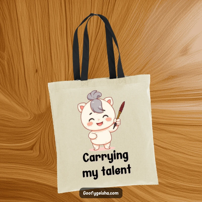 Funny tote bag showing a proud character holding a tiny calligraphy brush, perfect for carrying items with artistic flair.