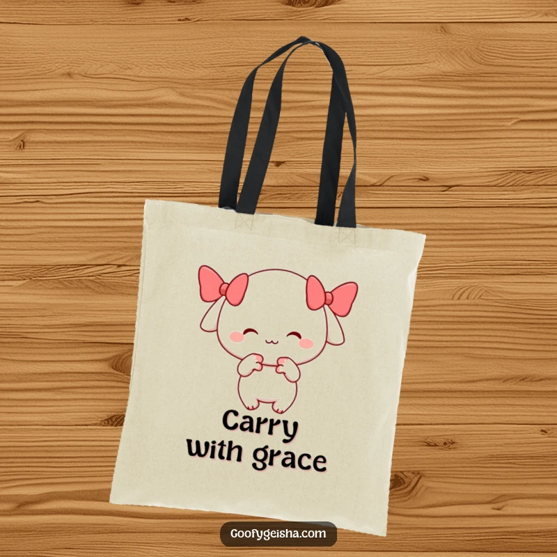 Funny tote bag with a cheerful, smiling character performing a playful bow, symbolizing politeness and humor, a great accessory.
