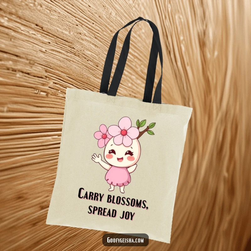 Funny Cherry Blossom Tote Bag with a smiling flower character waving hello, perfect for carrying essentials with cheerful style.